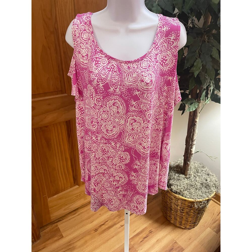 JM Collection Cold Shoulder Tunic, Pink & White Pattern, Size XL